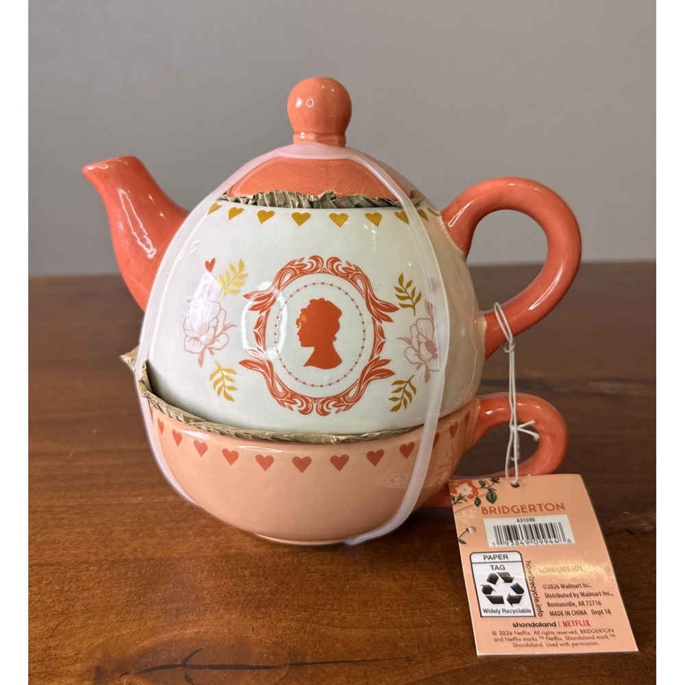 🌸BRIDGERTON Ceramic Tea Pot Coral   NEW Limited Edition Gift Tea Pot lid & cup